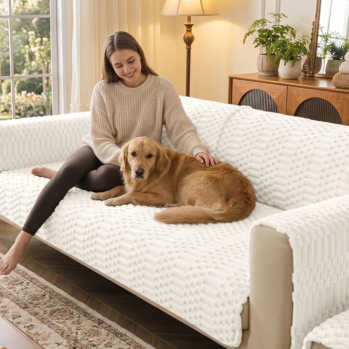 Smiry Waterproof Couch Covers for Dogs Washable, Non Slip Pet Sofa Cover | Plush Scratch Resistant Flannel Furniture Protector for Dogs, White, 36" x 71" - Image 2