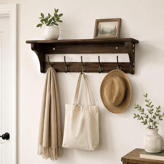 Wall Mounted Coat Rack with Shelf, Solid Wood & Metal Hooks – 23.2 Inch Entryway Organizer with 5 Hooks for Hanging Coats, Hats, Bags, Keys, Rustic Brown for Hallway, Bedroom, Bathroom（23.2 Inch） - Image 8
