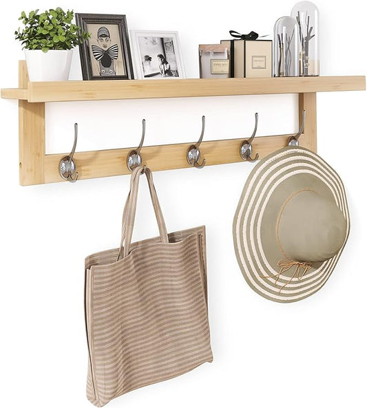 SMIBUY Coat Hooks with Shelf Wall-Mounted, 29.2 Inch Entryway Coat Rack for Wall, Bamboo Hanging Shelf with 5 Double Metal Hooks for Bathroom, Bedroom, Kitchen, Living Room, Mudroom (Natural) by SMIBUY