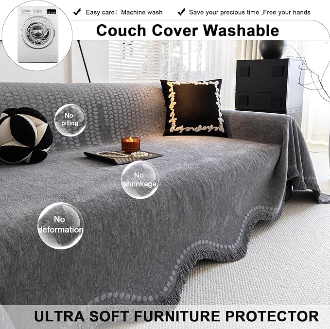 ROOMLIFE Gray Couch Cover Boho Sofa Covers for 3 Cushion Couch Washable, Furniture Protector Sofa Couch Cover for Dogs, Soft Chenille Sofa Slipcover, Couch Throw Blankets with Tassels 71 '' X 134'' - Image 7