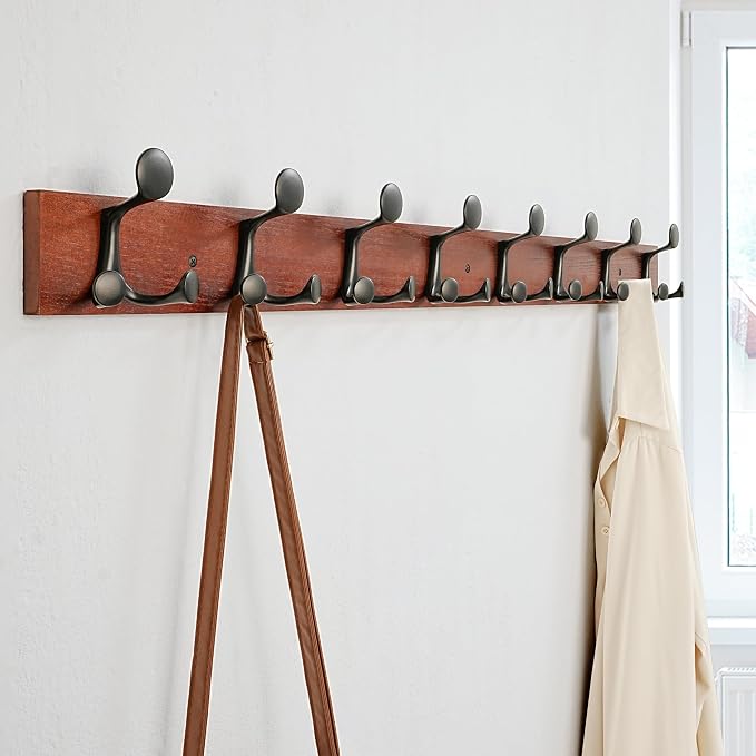 SKOLOO 43-Inch Cherry Wood Coat Rack Wall Mount with 8 Triple Hooks - Ideal for Family Entrances, Classrooms, and Pet Supplies Storage - Perfect Coat Hooks for Wall, Pack of 2 - Image 4