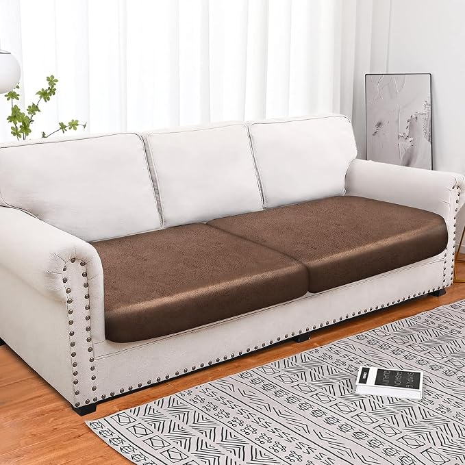 molasofa Leather Look Couch Cushion Covers, Stretch Sofa Cushion Covers for Sectional Armchair Loveseat Protector,Replacement Seat Cushion Slipcovers, Machine Washable (2 Cushion Sofa, Light Brown) - Image 3