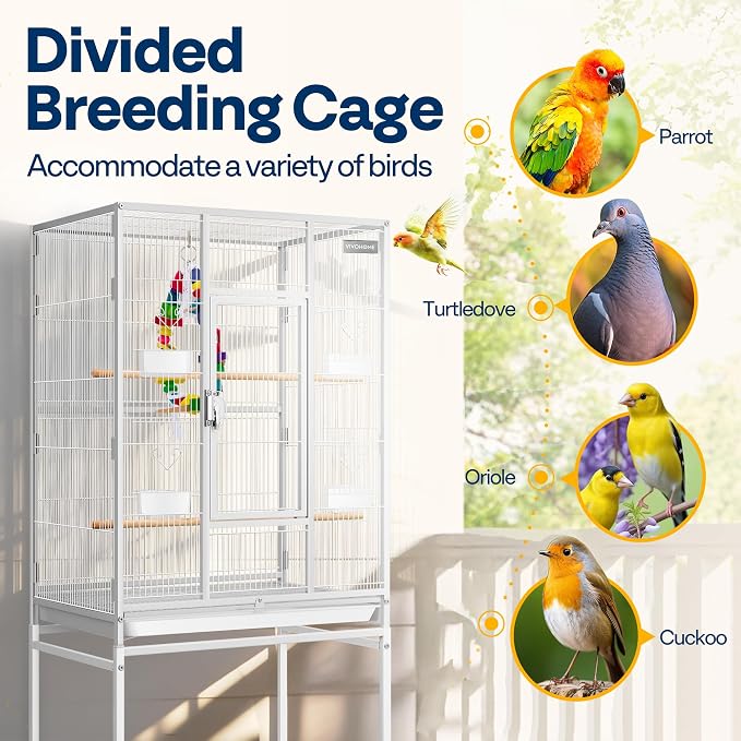 VIVOHOME 54 Inch Wrought Iron Large Bird Cage with Rolling Stand | Bird Flight Cage with Stand, Casters, Slide-out Tray for Parakeets Canaries Parrot Cockatiels Lovebirds Conures, Whtie - Image 6