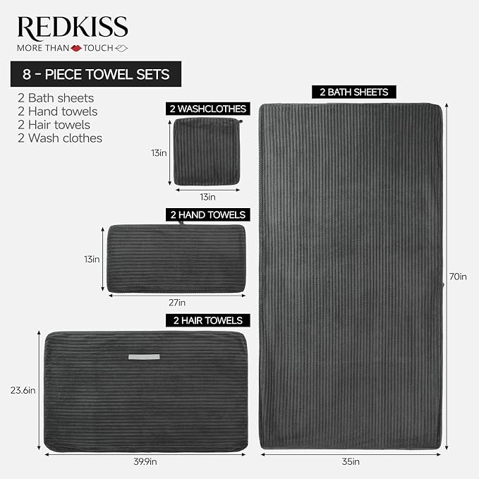 REDKISS Charcoal Gray Bath Towels Set 8 Piece - Microfiber Bathroom Towels of 8 Large, Highly Absorbent Bath Towel, Soft Shower Towel for Bathroom, 2 Bath Sheet 2 Hand 2 Washcloths 2 Hair Towel Wrap - Image 2