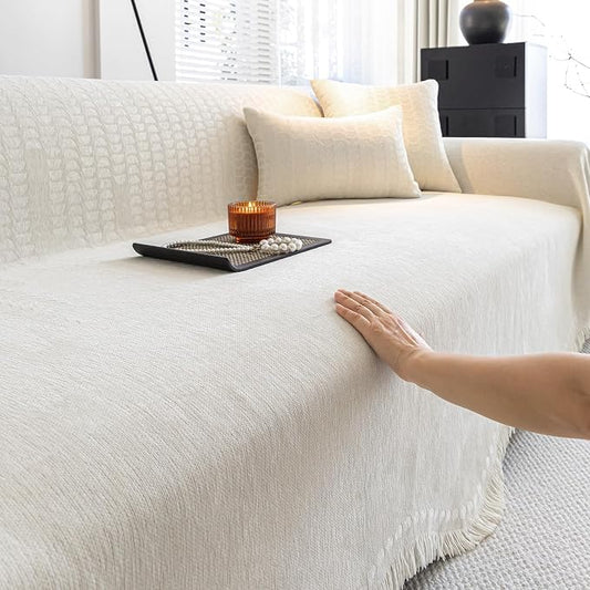 ROOMLIFE Boho White Couch Cover for Dogs, Washable Non Slip Furniture Protector Couch Sofa Covers for 3 Cushion Couch, Soft Chenille Couch Cover Throw Blanket with Tassels 71''X134'' by ROOMLIFE