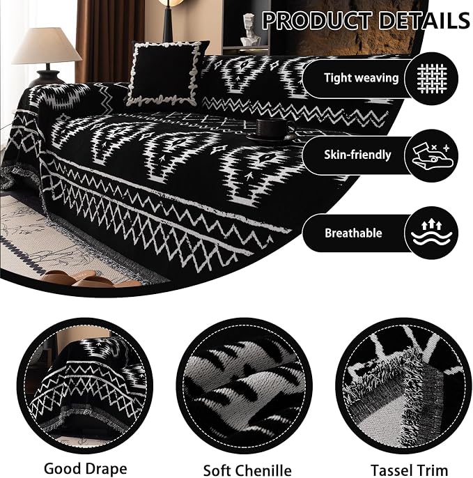 DREAMINGO Boho Couch Cover Sofa Covers for 3 Cushion Couch Jacquard Chenille Couch Cover Blanket Living Room Pet Furniture Protector Sectional Couch Covers for Dogs Washable, Black, 71"x150" - Image 3