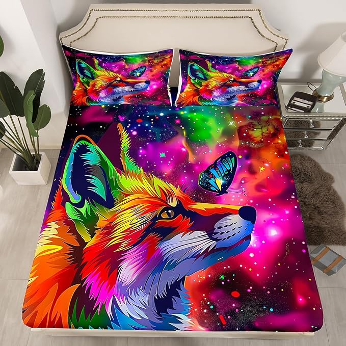 Fox Print Sheet Set Twin Size Cartoon Fox Butterfly Bed Sheets for Kid Girl Boys,3D Animal Theme Colorful Galaxy Painting Fitted Sheet,Starry Sky Flat Sheet Home Room Decor with 1 Pillowcase - Image 2