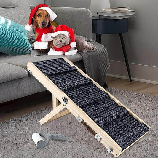 Wooden Folding Portable Pet Ramp. 4 Levels Adjustable 9" to 17.3" with Non-Slip 5 Paw Traction Mat for Small Medium Doggie. Dog Ramps-GY