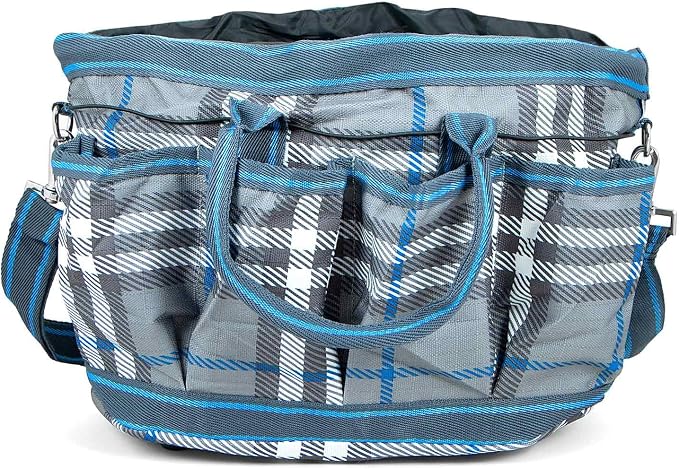 Jeffers Poplar Head Grooming Bag – Horse Grooming Organizer Tote with Pockets for Brushes, Tools, Clippers, Shampoo, Detangler – Stable Barn Kit Carrier for Horses, Pets, Hamilton Blue & Slate Plaid by Jeffers