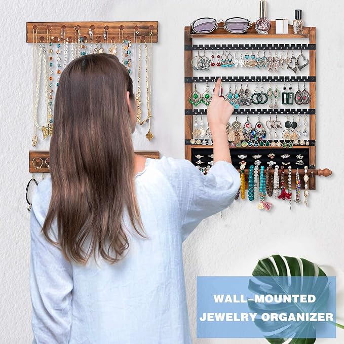 3Pcs Jewelry Organizers and Storage, Wood Earring Organizer | Hanging Jewelry Organizer,Rustic Wall Jewellery Organizer,Wall Mounted Earring Holder for Storage Display Gift (Brown+Black) - Image 2