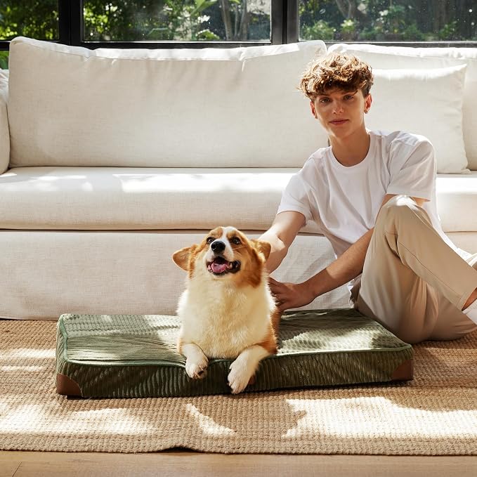 FUKUMARU Large Dog Bed, Thickened Waterproof Dog Mat with Washable Cover | Corduroy Orthopedic Dog Bed for Crate, 28D Egg Crate Foam Support Pet Mat, Cozy Flat Dog Pad with Anti-Slip Bottom, Green - Image 8