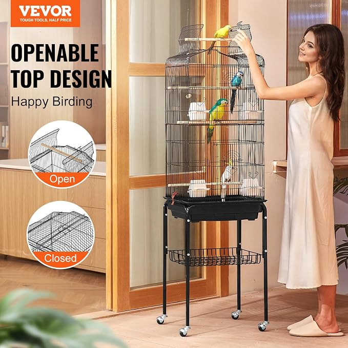 VEVOR 64-inch Open Top Large Parrot Bird Cage with Detachable Rolling Stand for Parakeets Finches Canaries Lovebirds Cockatiels Budgies Small Quaker Conures Flight Birdcage with Swing and Perch - Image 2
