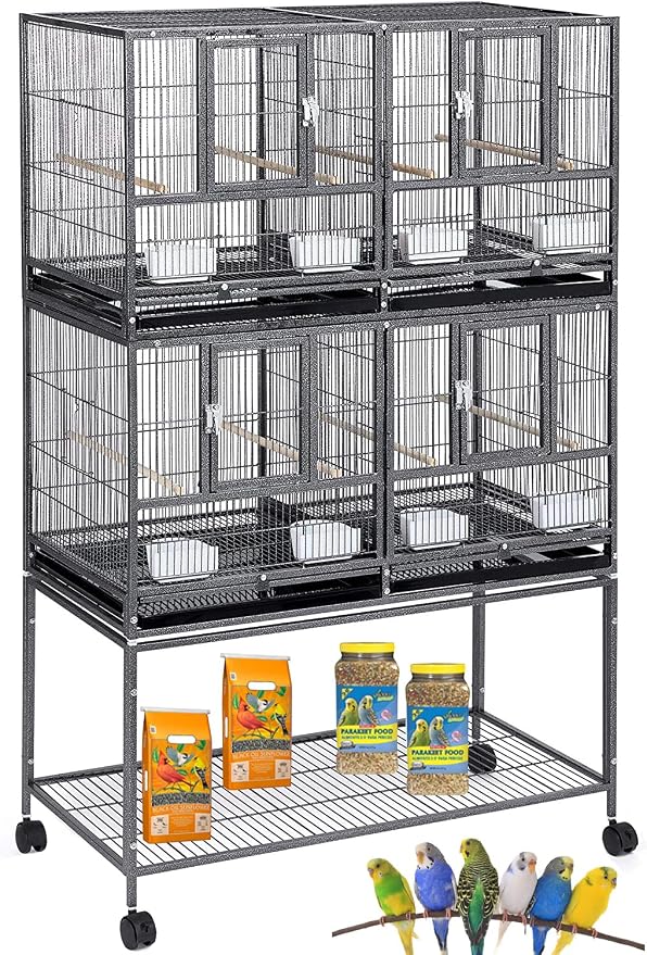 Sturdy Wrought Iron Combo 2-Stacker Center Divided Breeder Breeding Bird Flight Double Rolling Cage Side Nesting Box Doors for Aviaries Canaries Cockatiels Lovebirds Finches Budgies Small Parrots by Mcage