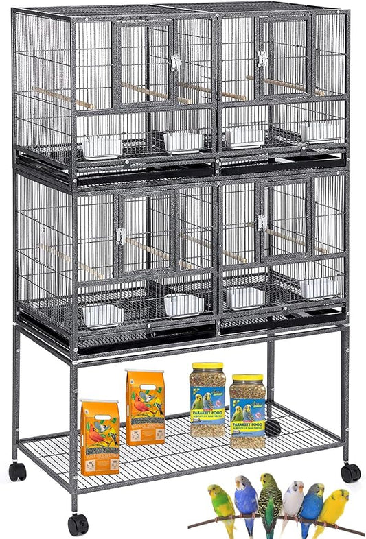 Sturdy Wrought Iron Combo 2-Stacker Center Divided Breeder Breeding Bird Flight Double Rolling Cage Side Nesting Box Doors for Aviaries Canaries Cockatiels Lovebirds Finches Budgies Small Parrots by Mcage
