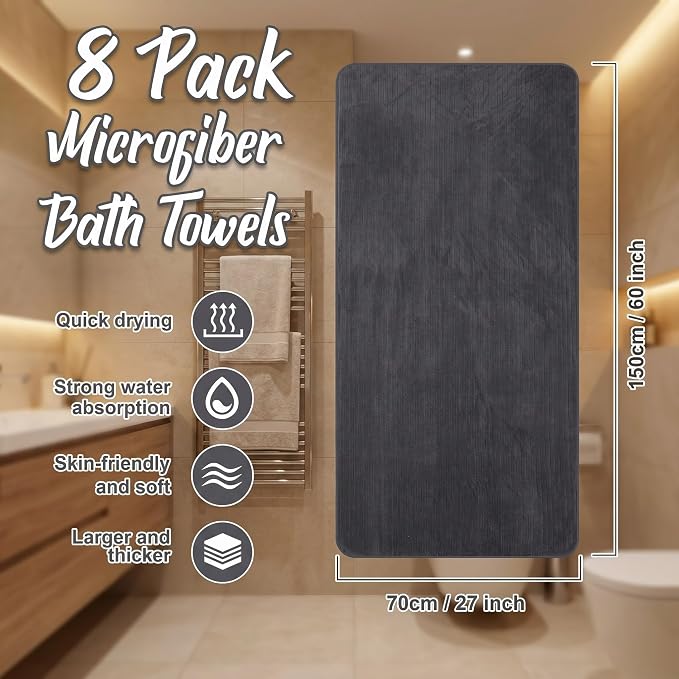 SmoothNovelty 8 Pack Microfiber Bath Towels Bulk 27'' x 60'' Oversized Bath Towel Highly Absorbent Extra Large Shower Sheets Soft Drying for Beach Pool Bathroom Salon Party(Dark Grey) - Image 2
