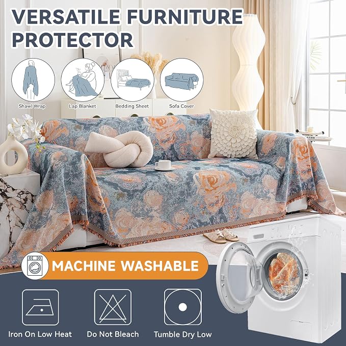 VClife Flower Couch Cover for Sectional Sofa Washable Sofa Cover, Modern Peach Blue Flower Sofa Couch Cover Breathable Anti-Slip Cotton Linen Sofa Slipcover with Tassel Aesthetic Sofa Cover 71"x118" - Image 7
