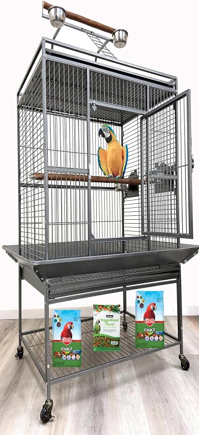 Large Elegant and Durable Wrought Iron Play Ground Perch Stand Top Climbing Ladder Bird Parrot Rolling Metal Cage with Around Seed Guard Storage Shelf On Heavy Duty Lockable Rolling Wheels by Mcage