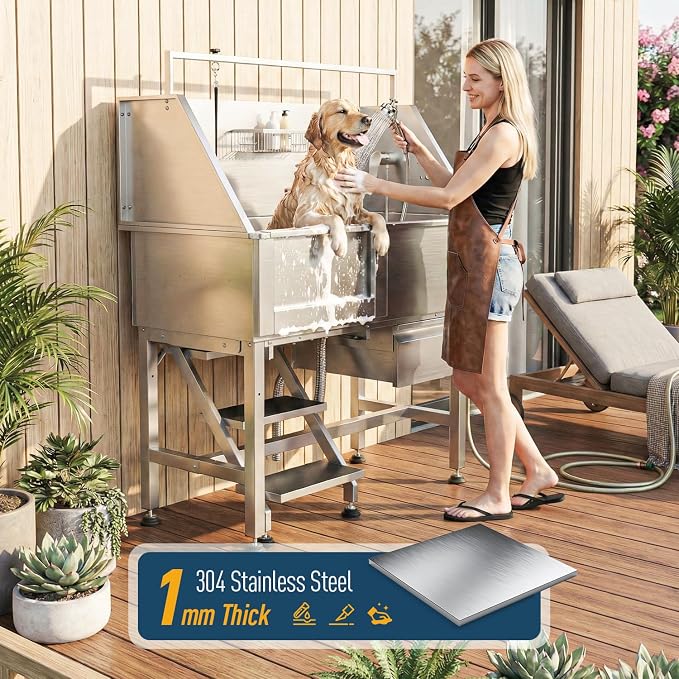 Professional Dog Washing Station, 46 Inch 304 Stainless Steel Pet Grooming Tub with Side-Mounted Faucet, Telescopic Ramp & Storage Drawer for Large & Senior Dogs, Outdoor Raised Sink (46" Left Step) - Image 5