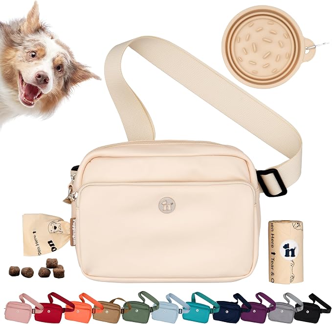 Puppington 3-in-1 Crossbody Dog Walking Bag & Treat Pouch for Pet Training - Matching Compostable Poop Bags, Built-In Poop Bag Dispenser & Slow-Feeding Travel Bowl (Vanilla Cream) by Puppington