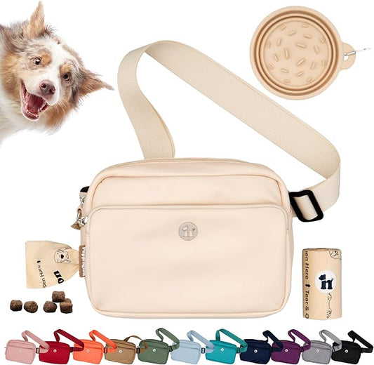 Puppington 3-in-1 Crossbody Dog Walking Bag & Treat Pouch for Pet Training - Matching Compostable Poop Bags, Built-In Poop Bag Dispenser & Slow-Feeding Travel Bowl (Vanilla Cream) by Puppington