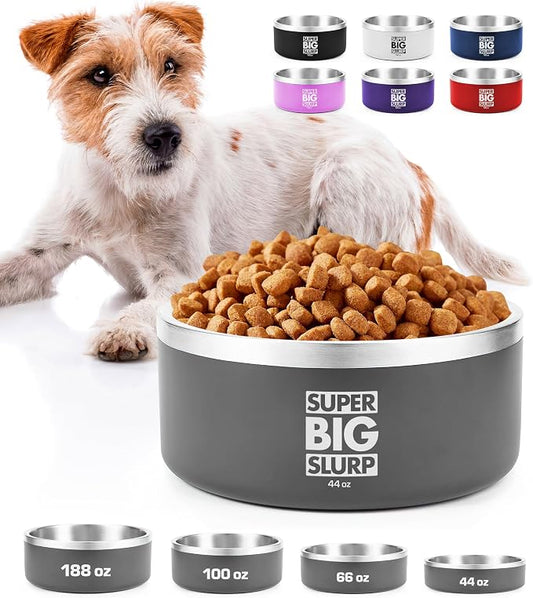 Tuff Pupper Heavy Duty Insulated Dog Bowl | Double Wall Stainless Steel Dog Food Dish | Non-Slip Spill Proof Dishwasher Safe Cat Bowl | Water Dish for Feeding Large Medium Small Pets (44oz, Grey) by TuffPupper