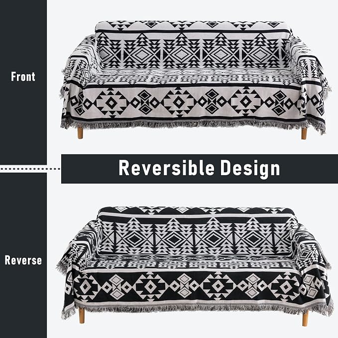 Homcosan Sofa Slipcovers Towel Reversible Cover Cotton Knit Geometrical Couch Cover for 2 Seat Cushion Blanket Sofa Cover Couch Slipcovers with Tassels Couch Protector for Pets, Kids （Large - Image 2