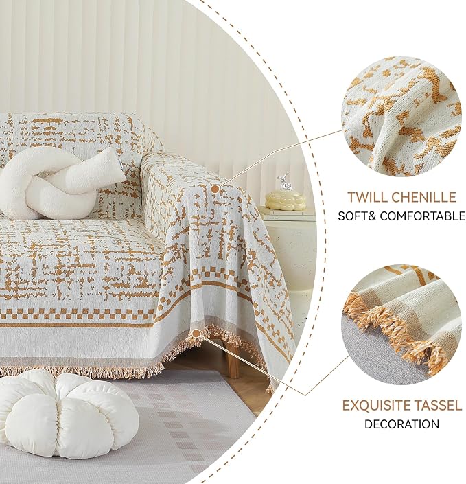 Deep Dream Boho Couch Cover Blanket, Soft Chenille Sofa Covers for 3 Cushion Couch, Sofa Slipcovers Washable Living Room Furniture Protector for Dogs Pets (Khaki, 71"x134") - Image 4
