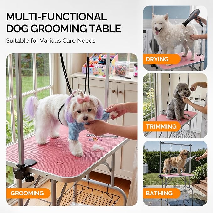 VINGLI Dog Grooming Table, Adjustable Cat Grooming Desktop with Arms and Storage Basket, Pet Grooming Stand at Home (Pink, 36 inch) - Image 2