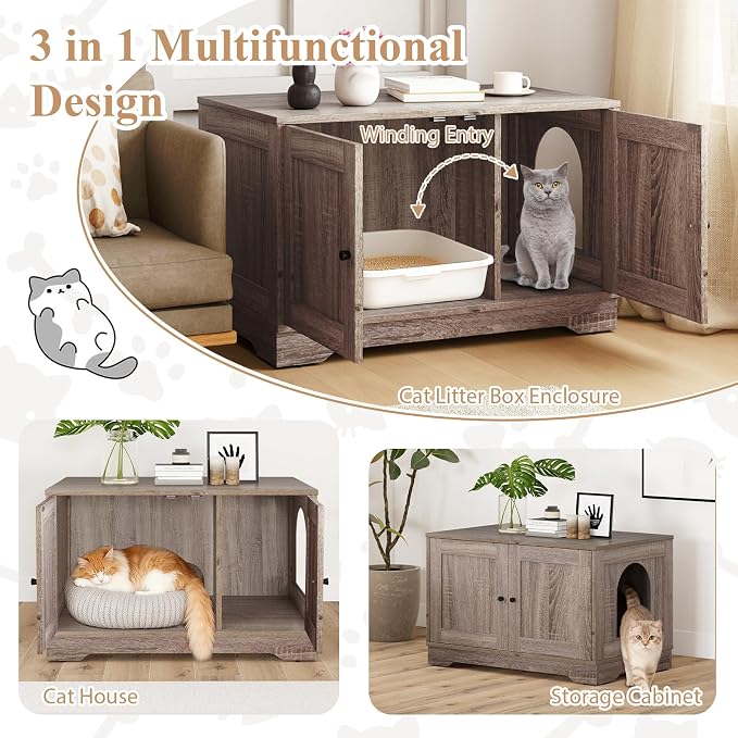 Tangkula Cat Litter Box Enclosure, Wooden Kitty Washroom Cabinet w/Winding Entry & Cat Hole, with Divider, Hidden Double Enclosed Litter Box Furniture for Living Room, Bedroom, Entryway (Grey) - Image 7