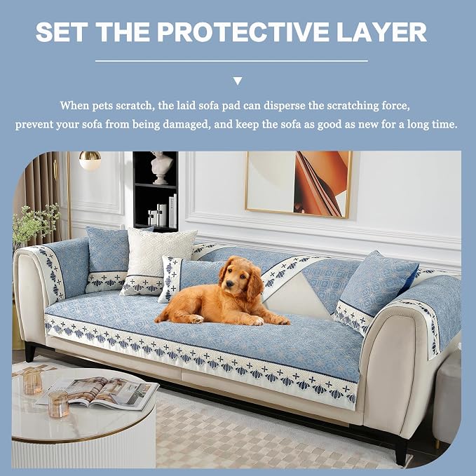 DREAMINGO Couch Armrest Cover, European Embroidery Jacquard Armchair Couch Protector, 1 Piece Anti Slip Pet Sofa Covers Washable Soft Chenille with Lace Edge, Blue, 27.6"x27.6" - Image 6