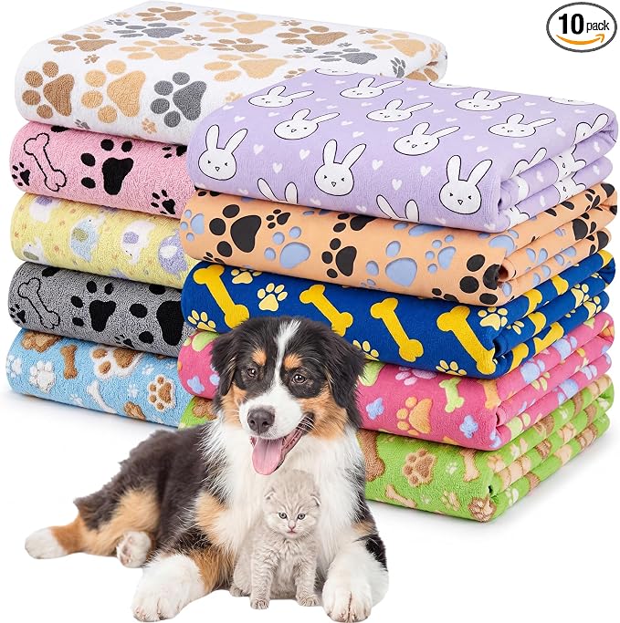 10 Pcs Dog Towels for Drying, 20"x40" Quick Drying Microfiber Pet Bath Towel, Dog Grooming Absorbent Towel with Cute Pattern, Soft Bathrobe for Large Medium Small Puppy Cat by Unknown