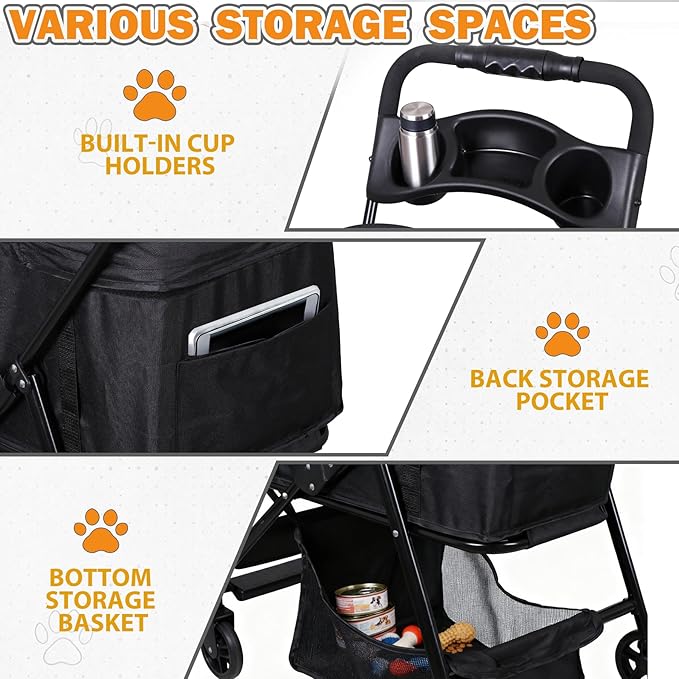 ZENY Pet Stroller, 3 in1 Foldable Dog Cat Jogger Stroller with 4 Wheels, Detachable Basket and Cup Holder, Travel Folding Carrier for Small/Medium Pet (Black)