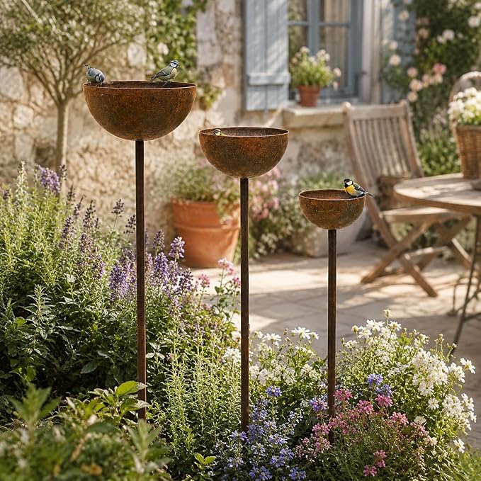 3 Pack Rustic Metal Bird Bath Stake Set for Outdoors, Garden Bird Bath Bowls with Ground Stakes, Bird Feeder Rain Catcher Wildlife Water Station for Birds, Bees & Butterflies - Image 8