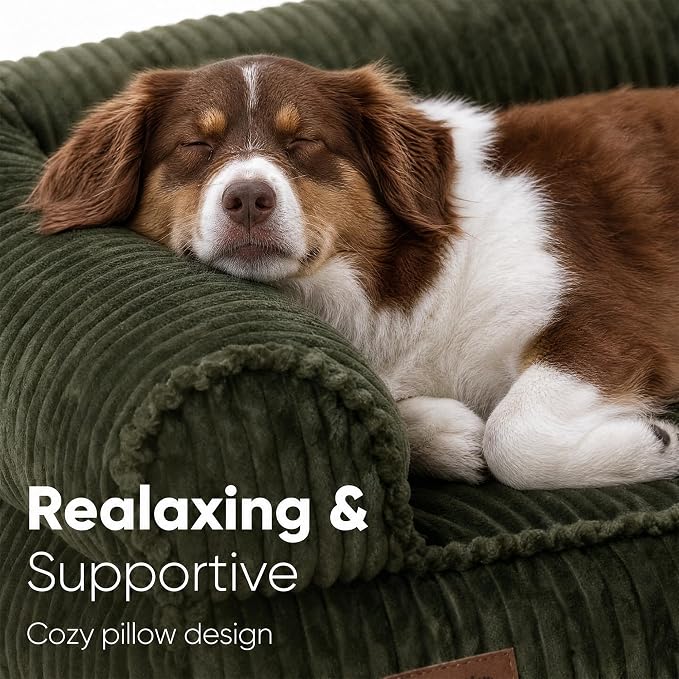 FUKUMARU Cute Dog Bed, Thickened Orthopedic Dog Sofa, Waterproof&Washable | 36" Corduroy Dog Couch with 4" Extra-Thick Egg-Crate Foam, Large Pet Bed for Medium to Large Dogs, Green - Image 2