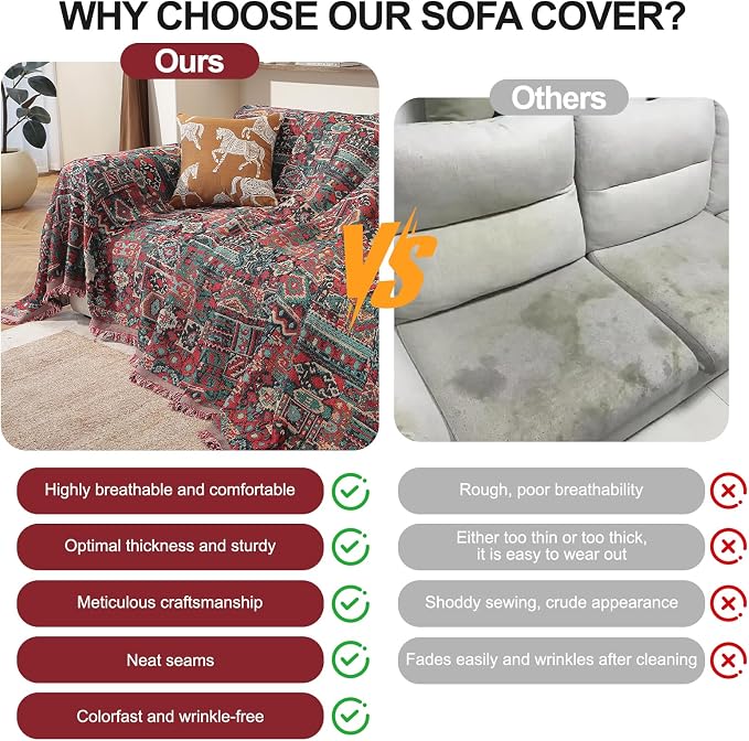 ROOMLIFE Aztec Boho Couch Cover Blanket Sofa Covers for Loveseat 2/3 Cushion Couches, Pet-Friendly Washable Anti-Slip Sofa Slipcovers Furniture Protector with Tassels,Farmhouse Home Decor 71'' X134'' - Image 2