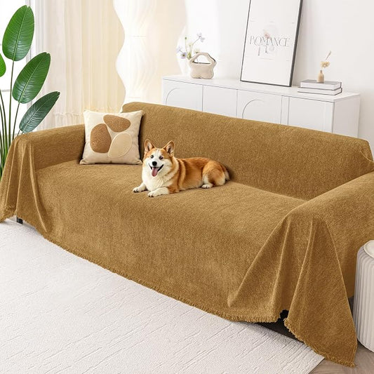 Smiry Couch Cover for Dogs, Chenille Sofa Covers for 3 Cushion Couch | Washable Soft Sofa Slipcover for Pets, Thick Sectional Furniture Protector with Tassels (Yellow, 88.5x118 Inch) by Smiry