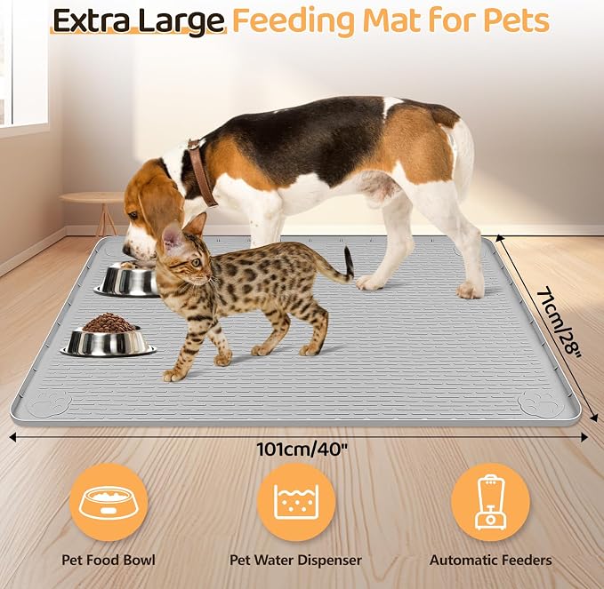 Dog Food Mat 40''x28'' Extra Large Dog Mat for Food and Water, Light Grey | Silicone Dog Bowl Mat with Raised Edge, Waterproof Non-Slip Pet Feeding Mat for Floors, fit for Dog Cat Bowls - Image 2