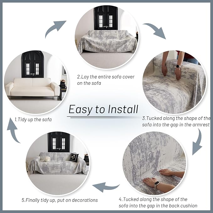 MYSKY HOME Boho Couch Cover for Dogs Washable Grey Abstract Couch Sofa Protector for Loveseat Sofa with Pets Friendly Chenille Geometric Sofa Covers Soft Durable Farmhouse Sofa Slipcovers, 71" X102" - Image 5