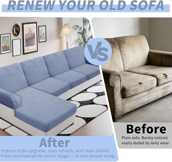 YEMYHOM Couch Cushion Covers for Sofa, Stretch Sectional Couch Seat Cushion Covers Washable Thick Furniture Protector Sofa Slipcovers for Pets (3 Seater + 1 Chaise, Light Blue) - Image 4