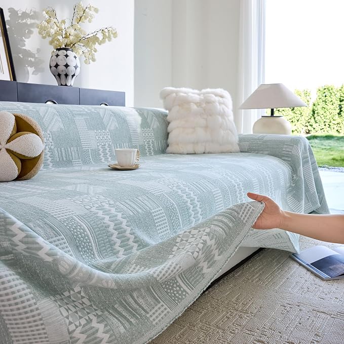 DREAMINGO Vintage Patchwork 3-Layer Gauze Geometric Jacquard Sofa Cover, Farmhouse Couch Cover Blanket for 3 Seater, Living Room Washable Furniture Protector, Mint Green, 91"x150" - Image 4