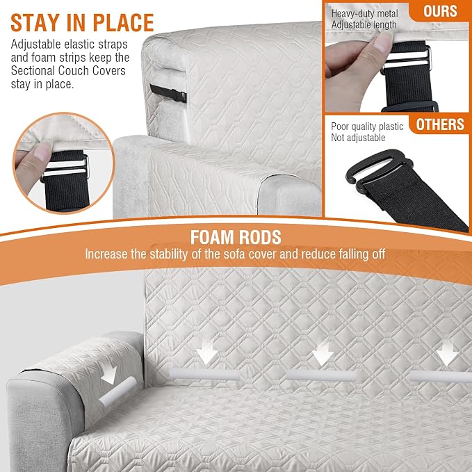 VANSOFY Sectional Couch Covers 100% Waterproof L Shaped Sofa Slipcover 3pcs Reversible Chaise Lounge Cover for Sectional Sofa Furniture Protector Cover for Pets Dog Cat(X-Large, Off White) - Image 5
