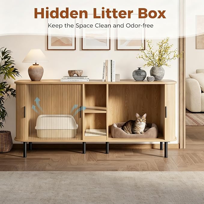 58" Double Cat Litter Box Enclosure, Large Hidden Litter Box Furniture for 2 Cats with Cat Scratch Pad, Wooden Modern Indoor Cat House with Double Room, TV Stand, Side Table, Natural - Image 3