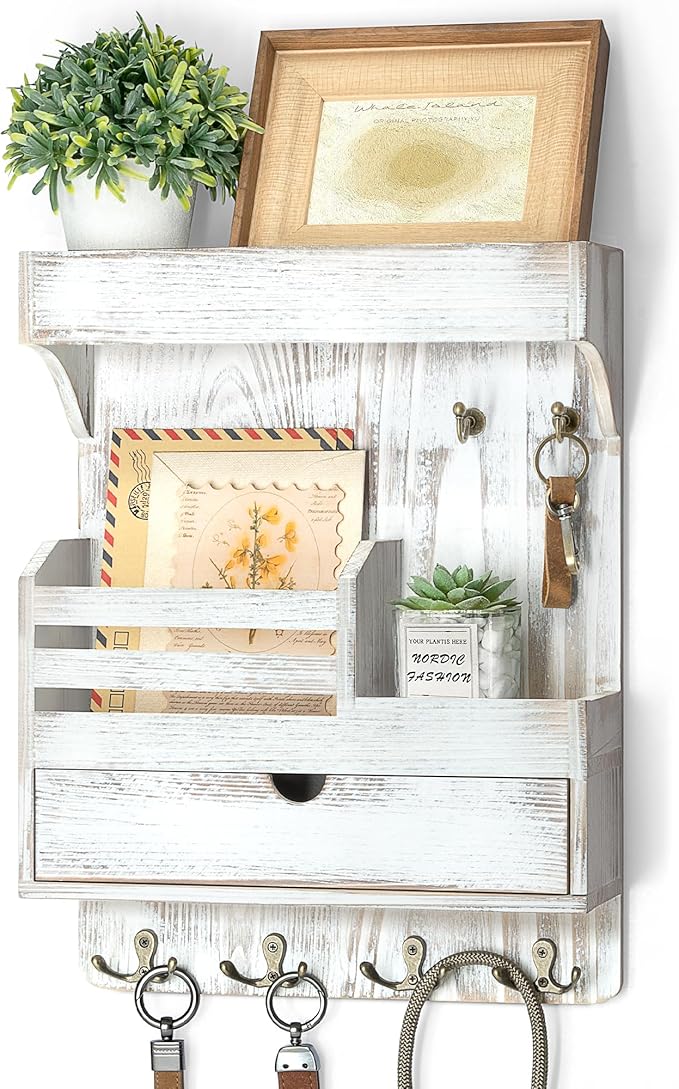 Rebee Vision Key Holder Wall Mount with Drawer for Home Decor, Whitewash | Pine Wood, Key Holder for Wall, 6 Rustic Hooks, Floating Shelf, Drawer Organizer, Mail Organizer, Chic Home Decor, Storage by REBEEVISION