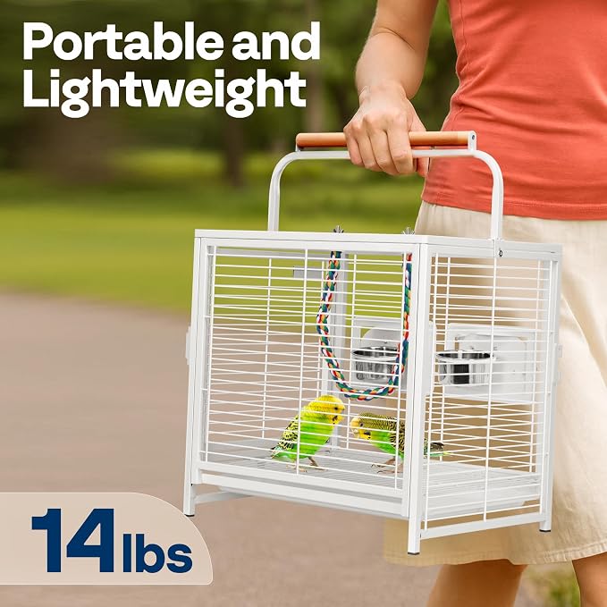 VIVOHOME 19 Inch Wrought Iron Travel Bird Cage for Cockatiel Parakeets | Bird Travel Carrier Cage with Wooden Handle/Perch, Slide-out Tray for Small Parrots Conures Lovebirds Canaries Finches, White - Image 2