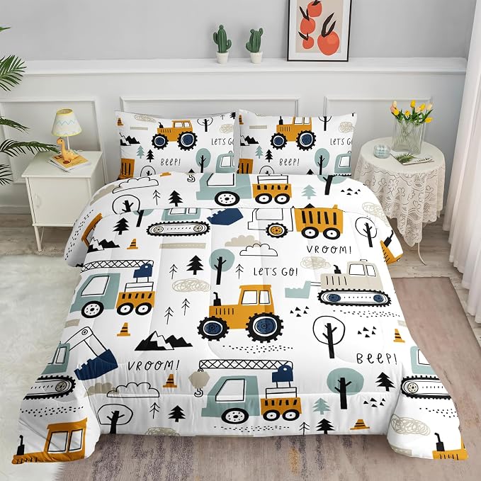 Cartoon Car Comforter Set Kids Construction Printed Bedding Set with 1 Comforter and 2 Pillowcases for Boys and Girls Bedroom All Season(Car Queen) by SmellSunshine