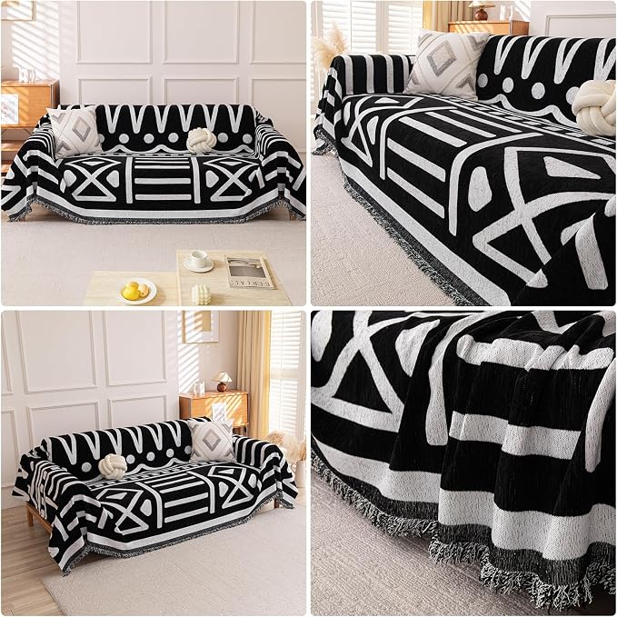 Deep Dream Boho Couch Cover, Non Slip Soft Chenille Couch Covers for 2-3 Cushion Couch, Thick Sofa Slipcover Sofa Cover Washable Couch Protectors for Dogs (Black, 71"x150") - Image 3