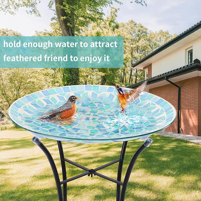 MUMTOP Mosaic Glass Bird Baths with Metal Stand for Garden Birdfeeder Decor | 14 Inch Width 19.68 Inch Height Outdoor Garden Bird Bath Bowl, Unique Glass Birdbaths Bird Feeder for Yard Decor - Image 3