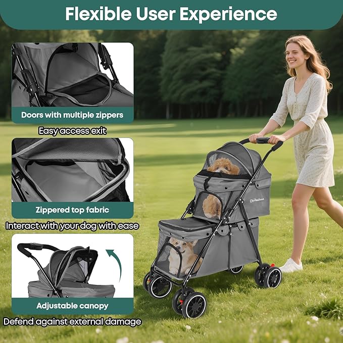 Double Pet Stroller for Dogs and Cats,Cat Strollers for 2 Cats,Double Dog Stroller for 2 Small Medium Dogs,4 Lockable Wheels/Lightweight/Folding,Grey