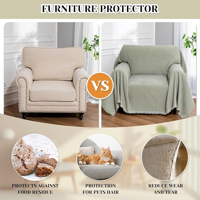 MEETSKY Green Sofa Covers Armchair Single Couch Cover for Dogs Throw Couch Cover with Tassel Chair Recliner Futon Cover Washable 1 Cushion Couch Chenille Couch Protector, 71"x 91" - Image 5