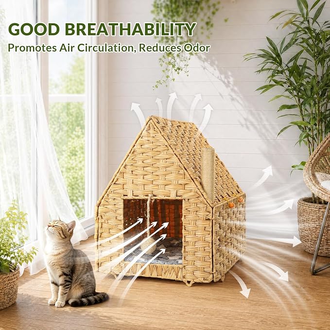 Handwoven Rattan Cat Bed for Indoor Kitten, Cat Cave Bed with Sisal Ball, Cushion & Cat Scratch Post, Foldable Hideaway Cat Hut in Bedroom Living Room, Natural - Image 6